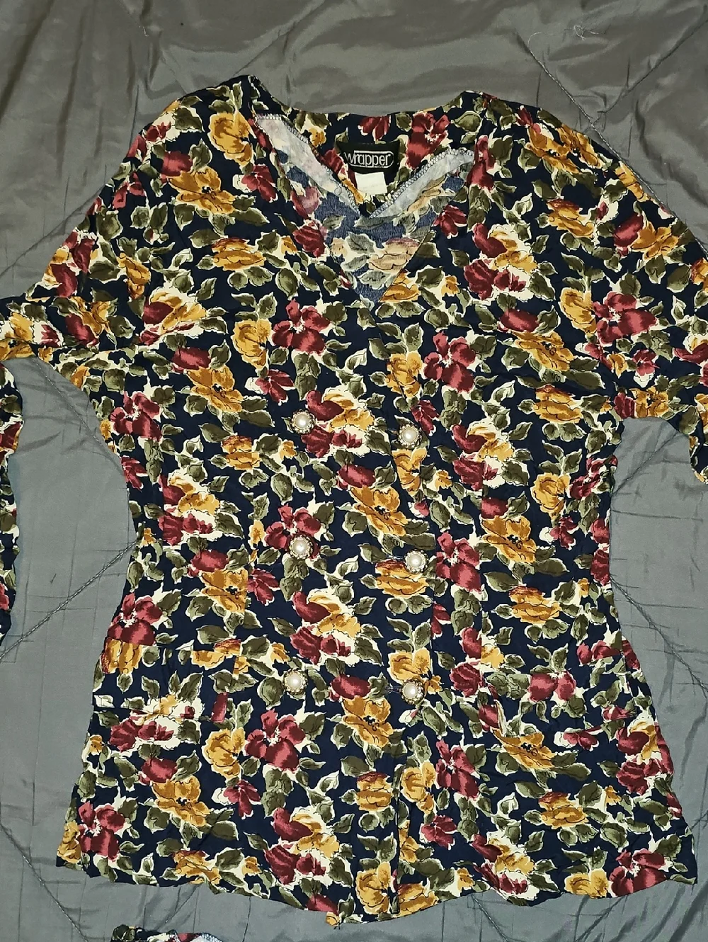 Wrapper Navy Floral Two-Piece Set with Red and Yellow Blooms Vintage Artsy